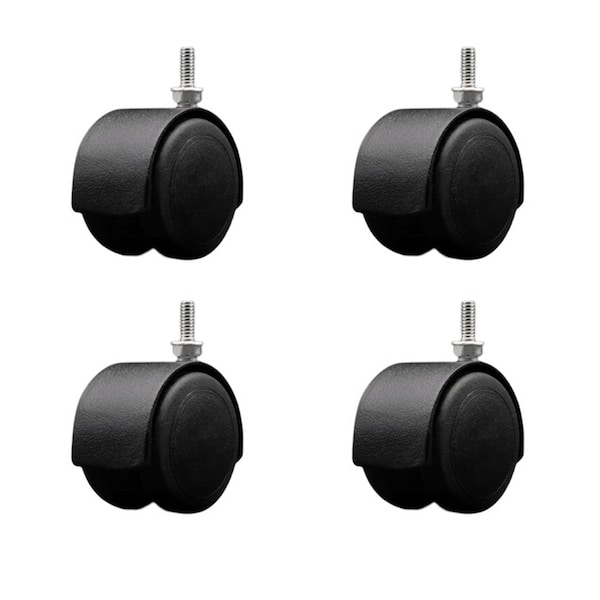 2'' Floor Safe Black Hooded Twin Wheel Caster 1/4 Threaded Stem, 4PK